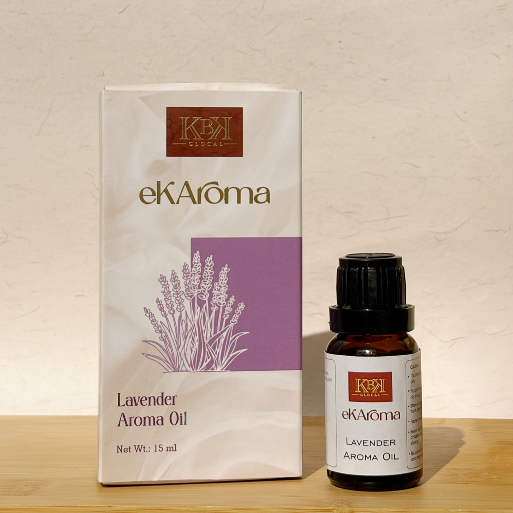 ekAroma lavender aroma oil bottle and packaging on a wooden surface with a beige background