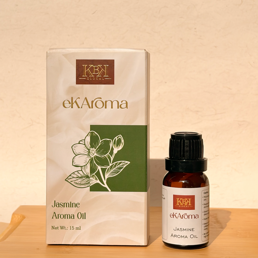 eKARoma Jasmine Aroma Oil packaging and bottle on a wooden surface with a beige background